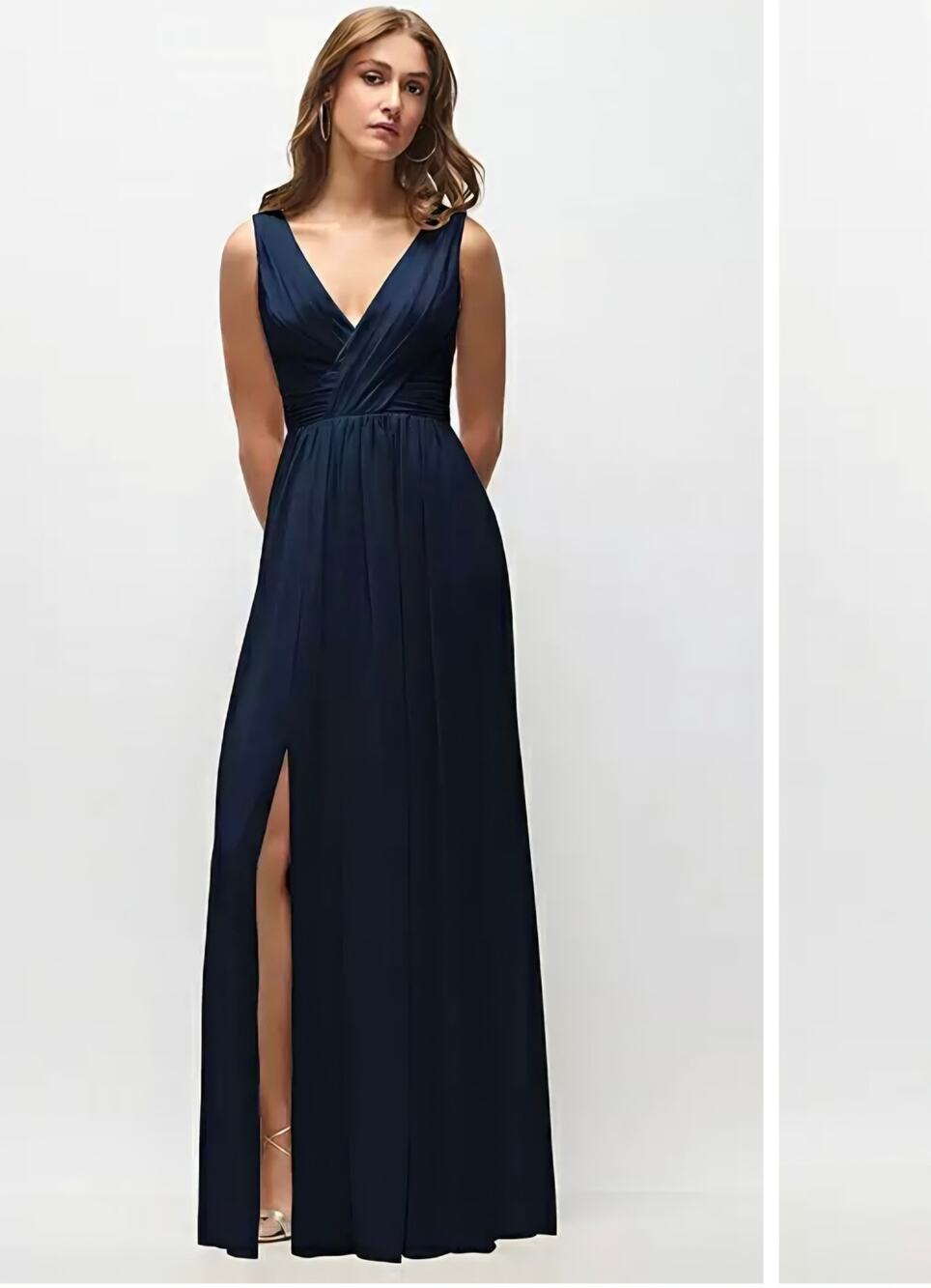 Dessy Collection Midnight Navy Draped Chiffon Slit Maxi Dress 2894 Plus 30